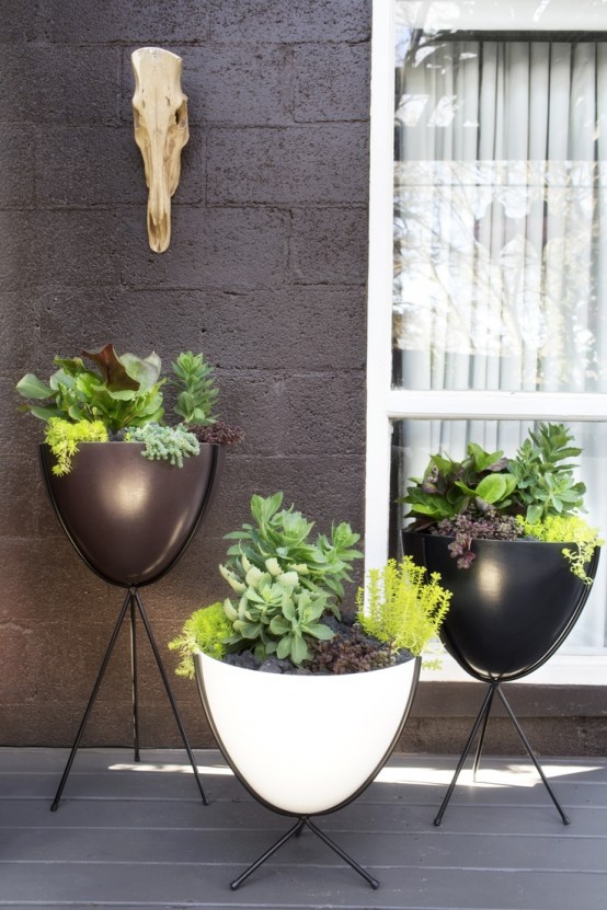 black and white bowl planters on black stands are a nice solution for a modern or Nordic backyard