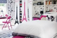 a bright and fun teen girl bedroom with hot pink, lilac and black touches and Paris motifs is lovely