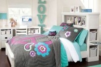 a white teen girl bedroom with grey and turquoise touches and textiles looks fun, playful and lively