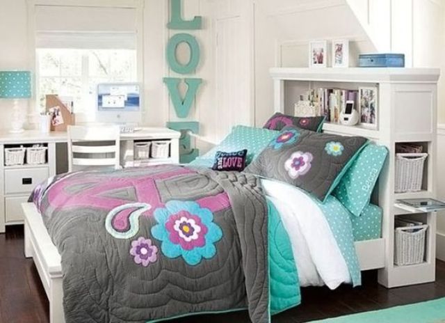 a white teen girl bedroom with grey and turquoise touches and textiles looks fun, playful and lively