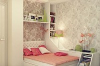 a refined teen girl bedroom with printed wallpaper, neutral furniture, coral and pink bedding and touches of neon green