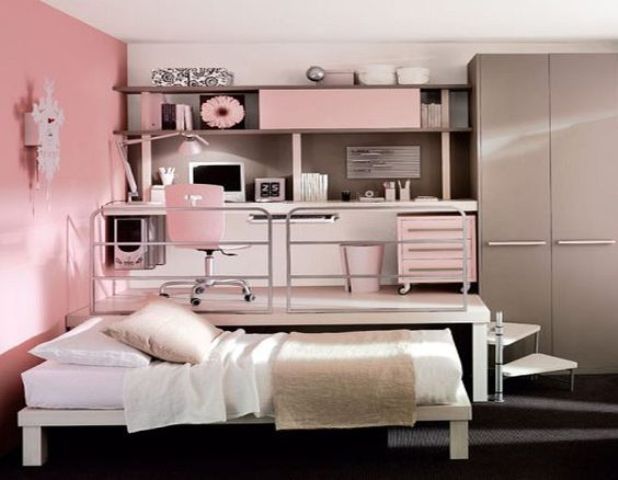 a girlish light pink teen girl bedroom with grey touches to calm down the space is very chic and girlish