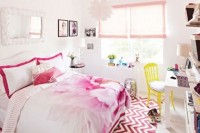 a bright teen girl bedroom in blush, light pink, hot pink and a lemon yellow chair and various cute accessories