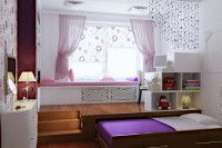 a modern romantic girl’s bedroom with a windowsill daybed, a retracted bed, storage units and touches of pink and purple