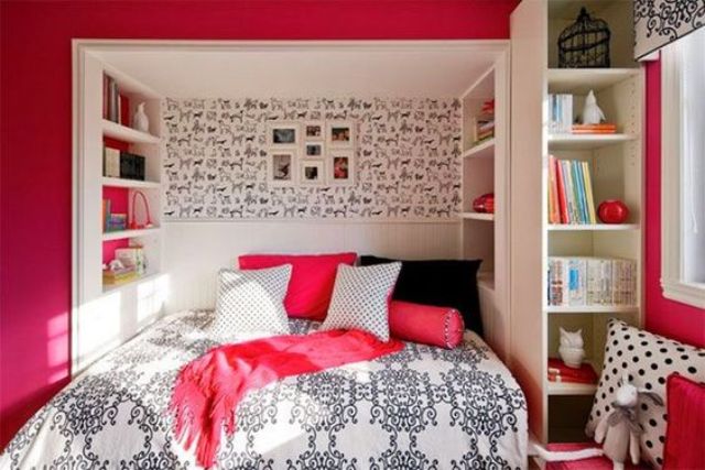 a hot pink, black and white teen girl bedroom with a built in bed and shelves looks playful, fun and cool