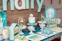 modern turquoise dessert table for a boy baby shower