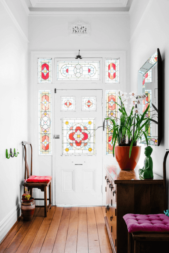 stained glass entry doors are a lovely and out of the box solution with a strong refined vintage feel