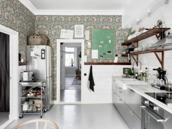 Moody Floral Scandinavian Kitchen Design With Copper Accessories