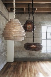fabric ruffle pendant lamps of various shapes and colors are a unique idea for any wabi-sabi space