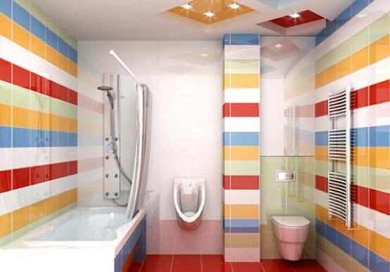 a white bathroom accented with bold tiles stripes and with a red floor is a great solution for those who enjoy much color