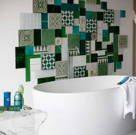 a modern sink accented with super bold green, blue and printed tiles looks catchy, bold and outstanding thanks to the contrast