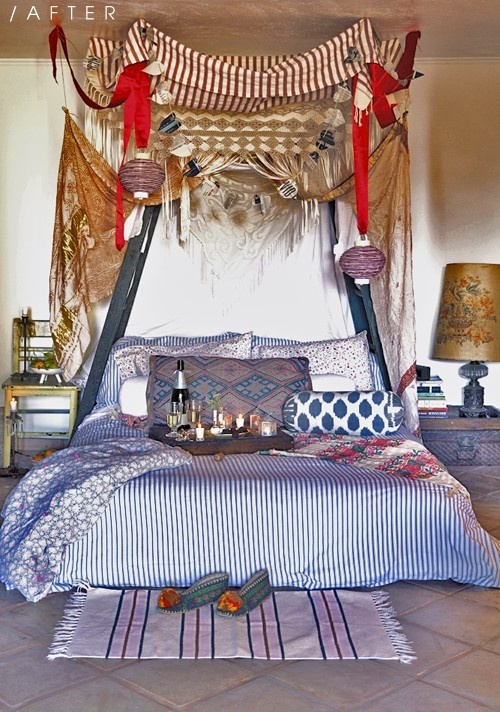 bright textiles, colorful lanterns on ribbons and vintage items to create an Eastern feel in the bedroom