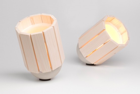 Natural Barrel And Baby Barrel Lamps From Wood And Concrete