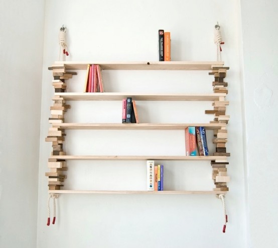 Natural Bookshelves Made Of Mixed Wood Blocks