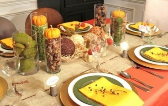 pumpkins and gourds, acorns and nuts, peas and moss balls are great for creating natural or rustic Thanksgiving tablescape