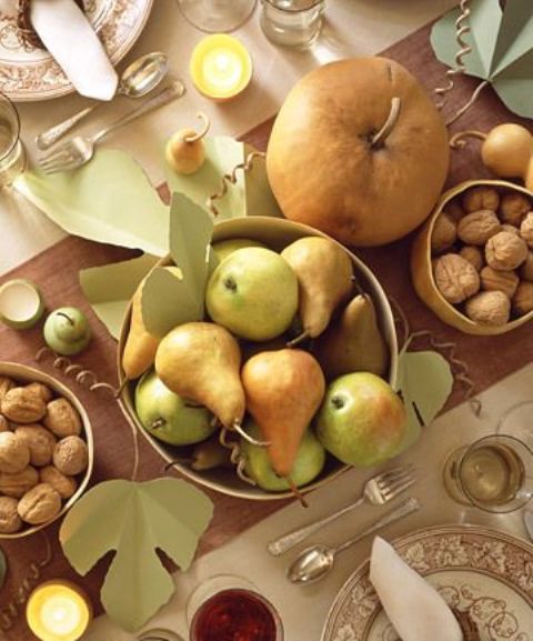 pumpkins, nuts, pears and apples plus leaves are great to make up a soft-colored Thanksgiving tablescape