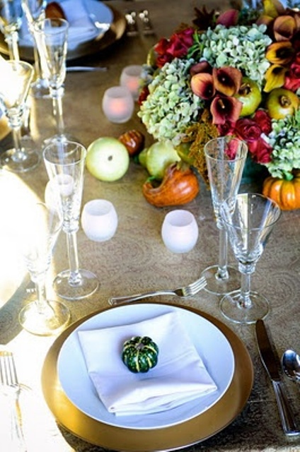 bright blooms, fruits and faux veggies will give you a great rustic or just natural Thanksgiving tablescape to enjoy