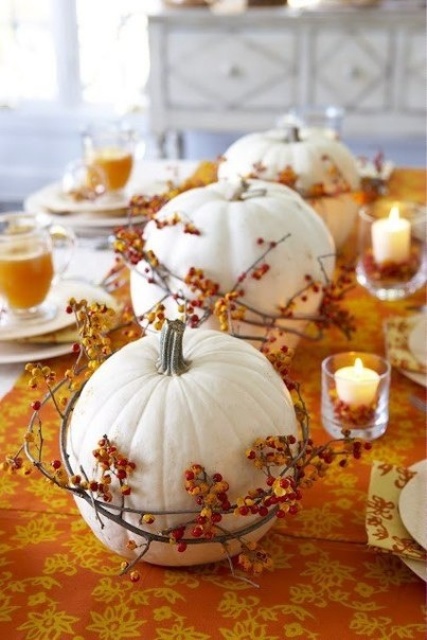 white pumpkins wrapped with berry branches are gorgeous for a Thanksgiving tablescape, an easy centerpiece to rock