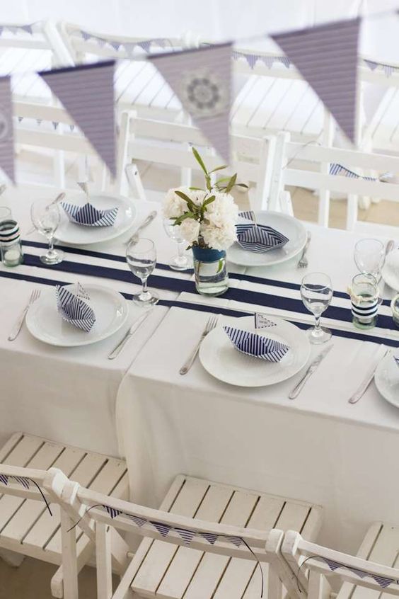 navy inspired table setting  for a boy baby shower