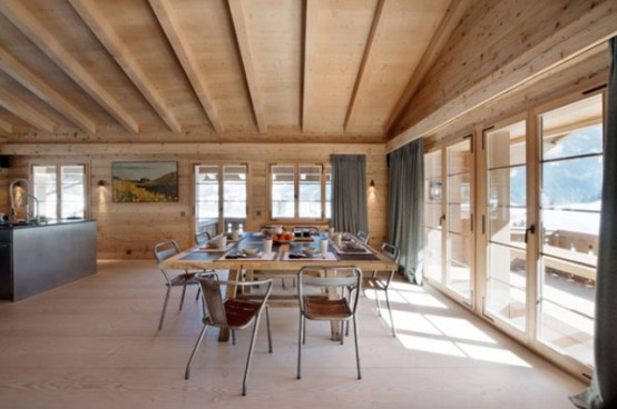 Neutral And Cozy Alps Chalet Interior In Rough Wood