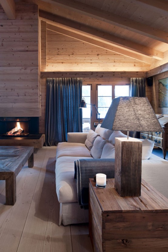 Neutral And Cozy Alps Chalet Interior In Rough Wood