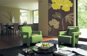 Neutral Living Room With Panoramic Colorful Fabric On A Wall