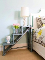 a shabby chic blue staircase is a pretty idea of a nightstand to add a chic touch to your bedroom and get some storage space