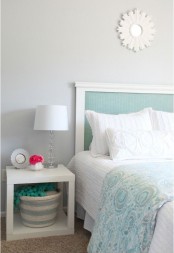 a double IKEA Lack side table stacked can become a nice storage nightstand for a modern bedroom