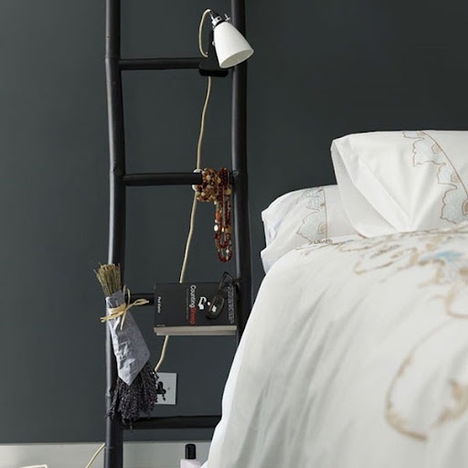 a black ladder with various stuff attached - a sconce, some greenery and berries, books and glasses is a lovely idea for a small room