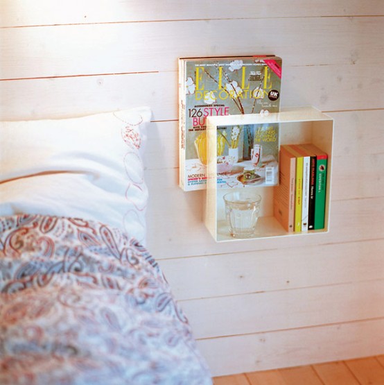 a wall-mounted box as a nightstand is a cool idea for a small bedroom and it allows a bit of storage for you