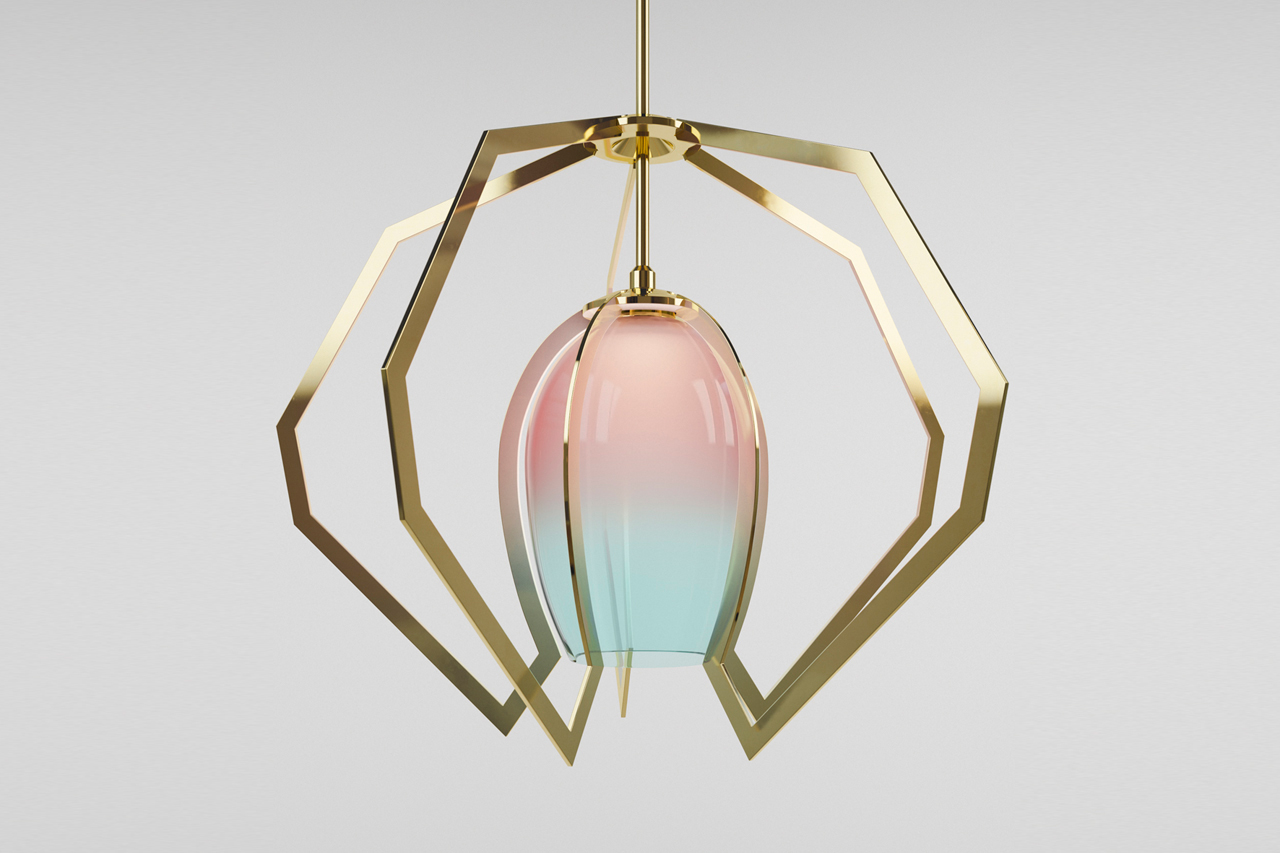 Original Brass And Glass Lamp In Tender Colors
