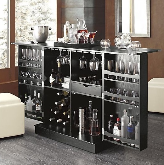 a compact black home bar with plenty of storage space, shelves and drawers is a cool idea if you want to save space