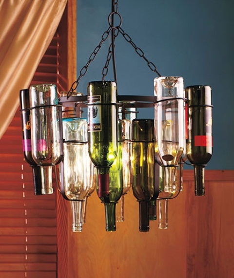 a creative chandelier of metal rings and wine bottles is a smart and cool idea for a rustic or vintage space, you can DIY it