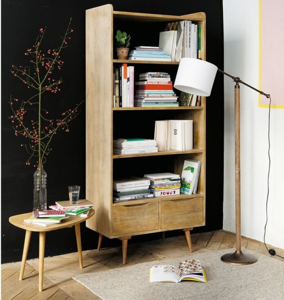 a light-colored wooden bookcase with open shelves is a very chic idea that doesn't catch an eye too much