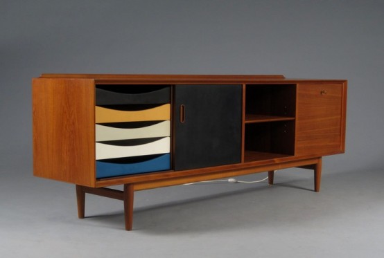 a contrasting mid-century modern sideboard with open storage compartments, doors and catchy drawers with cutout handles is a lovely idea for a mid-century modern sideboard