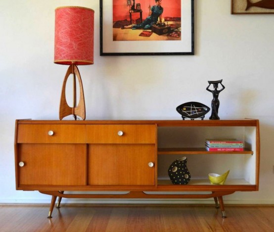 a bold amber-stained mid-century modern sideboard with an open compartment, a drawer and some doors is a stylish idea for a living room