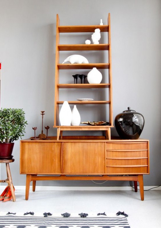 a light-stained sideboard with drawers and doors plus a tall matching open shelf on top is a stylish idea with plenty of storage space
