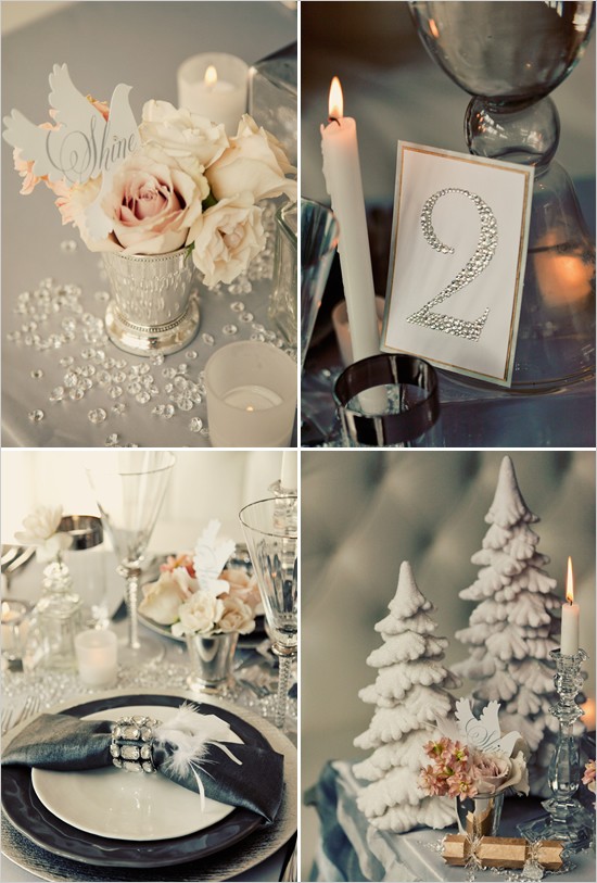 a chic winter tablescape with black and silver plates, an embellished napkin ring, candles, neutral blooms and a Christmas tree figurine