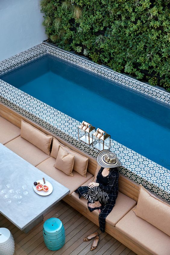 plunge backyard pool with Moroccan-styled tiles