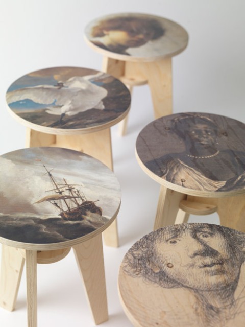 Plywood Print Stools Collection With Dutch Masterpieces