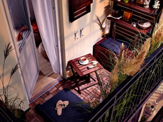 a dark stained storage unit with a bench with storage and several shelves over it