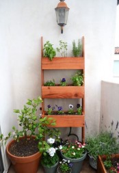 a wooden shelf with three tiers is used to create a small balcony garden