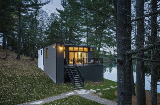 Prefab Lake Cottage With Unfinished Wooden Walls