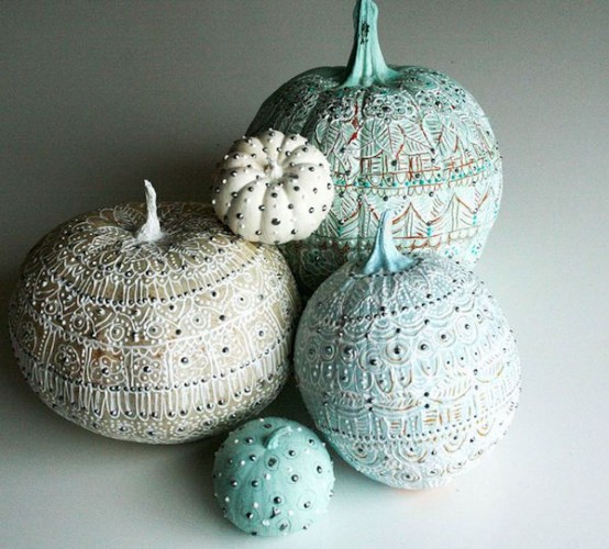 breathtaking blue and white painted pumpkins with beads and spikes are whimsy, cool and bold
