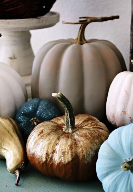natural pumpkins painted in non-typical for the fall colors - blue, blush, grey, navy and gold