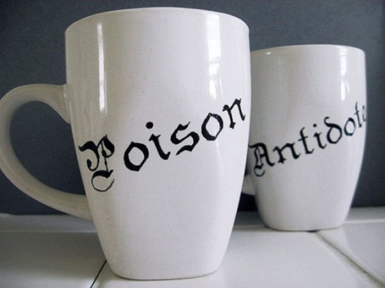 white mugs with Poison and Antidote names are awesome for Halloween parties