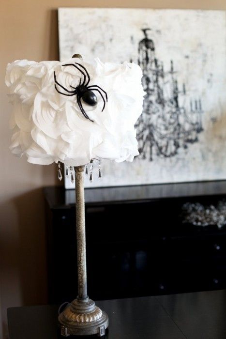 a white ruffle lamp with crystals and a black spider is a chic and stylish decoration for your white Halloween party