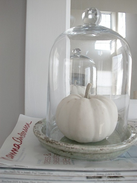 a cloche with a single white pumpkin is a decoration that will work for fall, Thanksgiving and white Halloween, too, it's universal