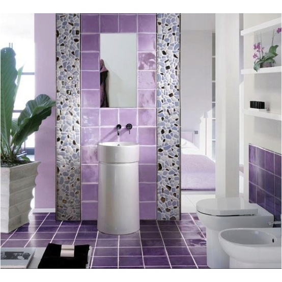 a lavender, purple and white bathroom with mosaic edging, an oversized planter with a plant, floating shelves