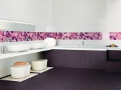 a bright contemporary bathroom with a deep purple tile floor, a colorful edge and white appliances